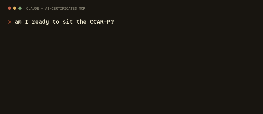 The user asks 'am I ready to sit the CCAR-P?'. The assistant calls my_progress and returns a per-domain breakdown, weakest first, with each domain's blueprint weight.
