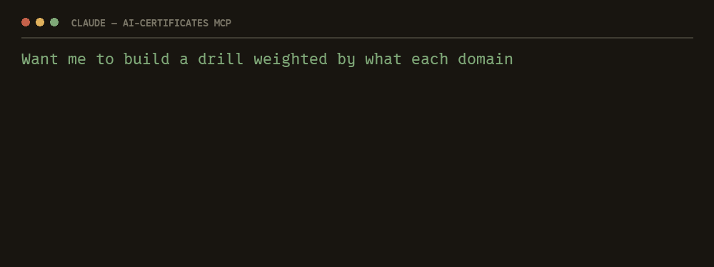 The assistant builds a twenty-question drill weighted by domain value and serves the first Integration question with a progress bar.