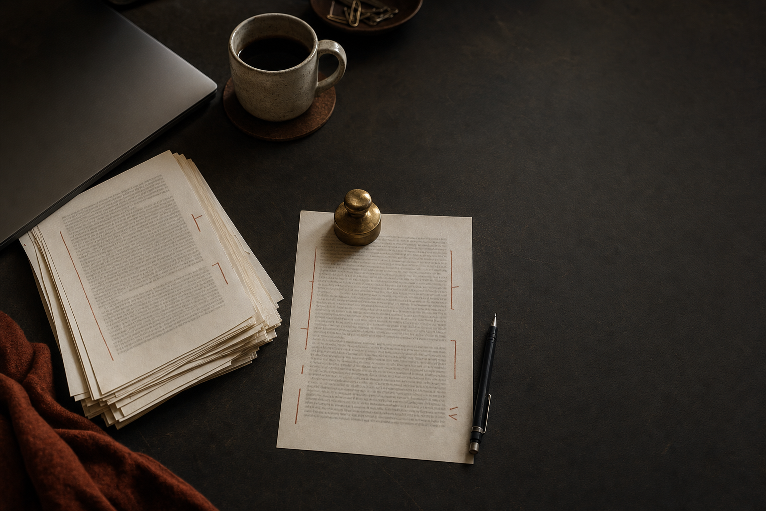 Marked-up chapter pages on a working desk